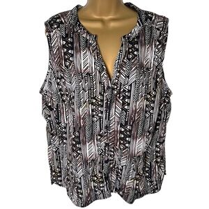 Erika Sleeveless Button Front Tank Tribal Print Split Hem Black Brown 1X
